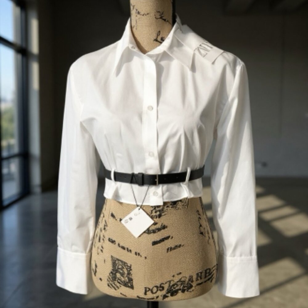 ZARA White Cropped Poplin Shirt Black Faux Leather Harness Detail Blouse SZ /XS - Picture 7 of 10